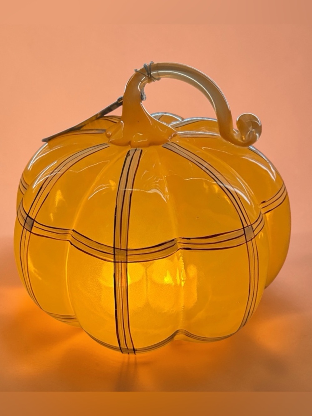 NWT Southern Living Hand Blown Glass Pumpkin Orange White Striped Fall Decor - Picture 4 of 10